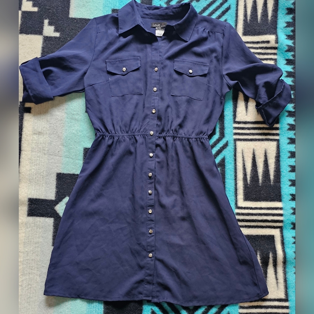 Women's Love Button Down Sheer Shirt Dress M Navy
